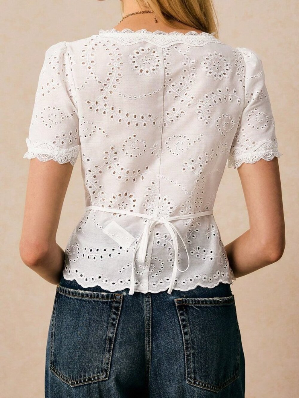 White Casual Women's Contrast Lace Mesh Embroidery Ruffle Button Down Shirt - Picture 2 of 7